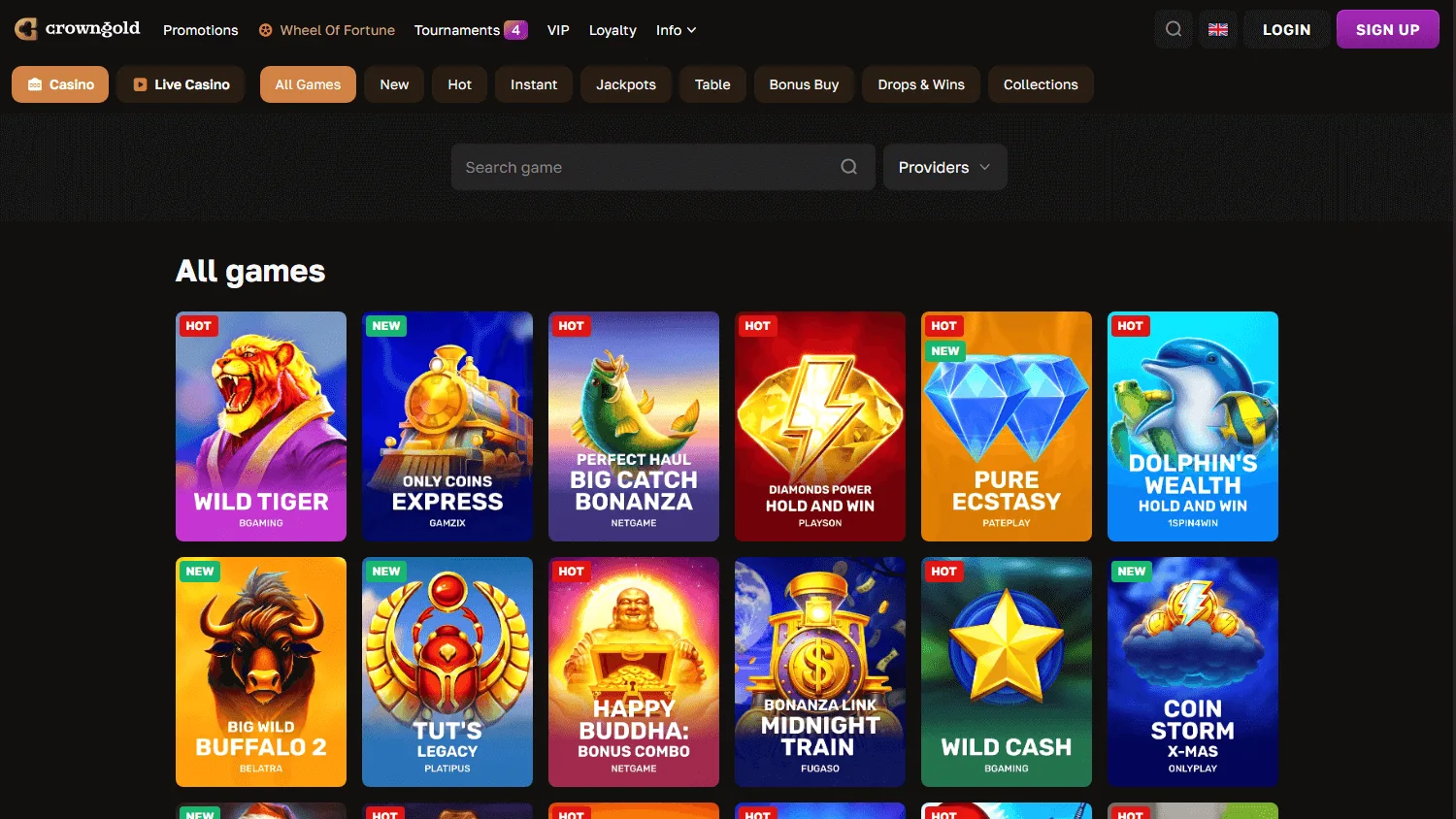 Crown Gold Casino desktop games catalogue with pokies and casino game categories