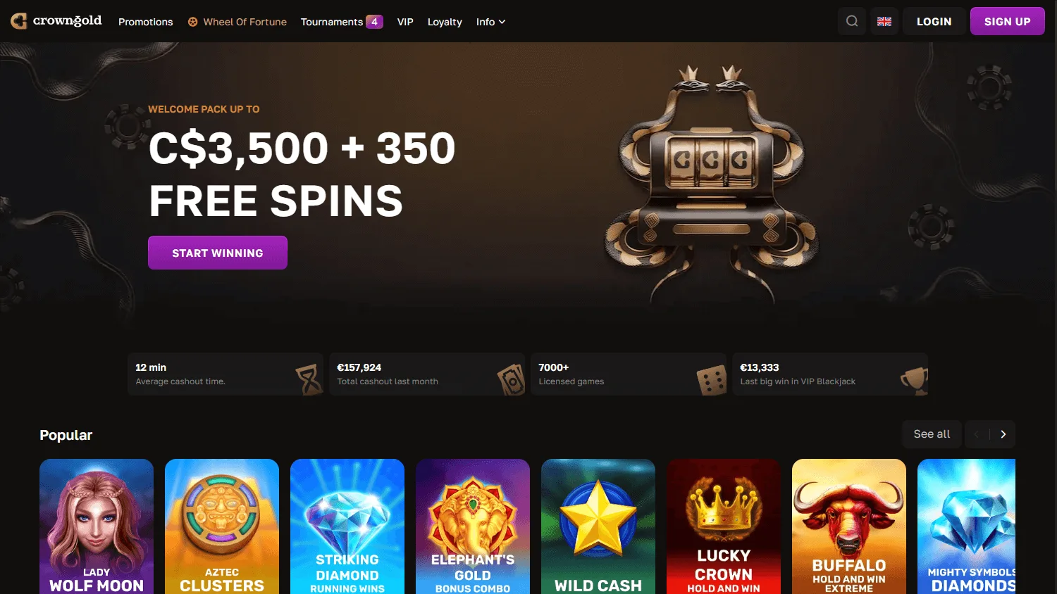 Crown Gold Casino desktop home platform with casino access and account features