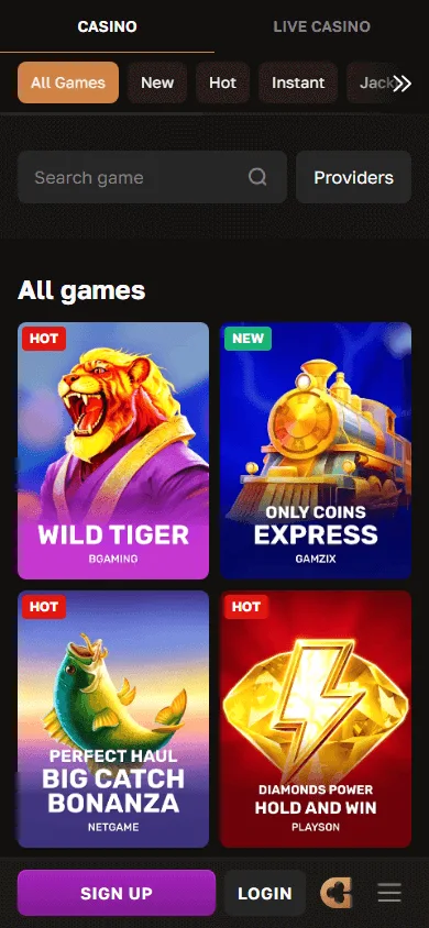 Crown Gold Casino mobile games catalogue with pokies and live casino categories