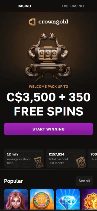 Crown Gold Casino mobile platform with casino access and quick deposit option